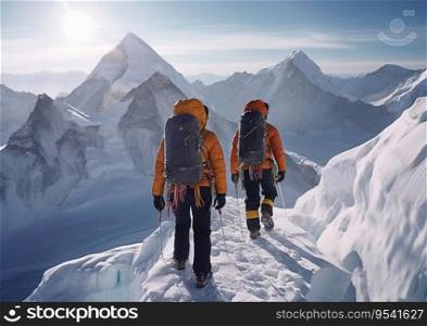 Professional mountaineers on their way to everest peak.AI generative.