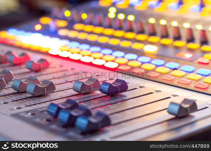 Professional music production in a sound recording studio, mixer desk