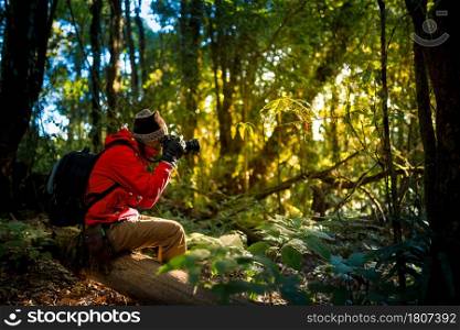 Professional photographer takes photos with camera in the forest. travel , asia , mountain