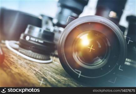 Professional Photography Equipment. Professional Photographer Work Kit. Photo Lenses.