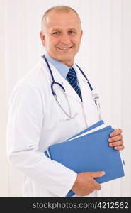 Professional senior doctor male with stethoscope portrait with document folders