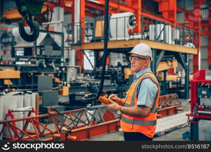 professional senior engineer male machine operator foreman worker work in heavy industry factory.