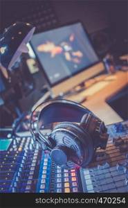 Professional sound recording studio: Headphones on a mixer desk, Radio