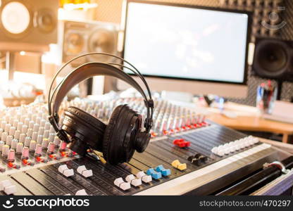 Professional sound recording studio: Headphones on a mixer desk, Radio