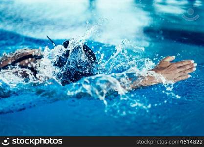 Professional swimmer in training, indoor swimming pool