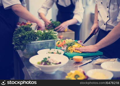 Professional team cooks and chefs preparing meals at busy hotel or restaurant kitchen. team cooks and chefs preparing meals