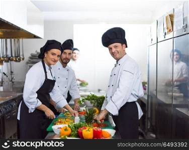 Professional team cooks and chefs preparing meals at busy hotel or restaurant kitchen. team cooks and chefs preparing meals