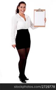 Professional woman holding blank Clip board on a white isolated background
