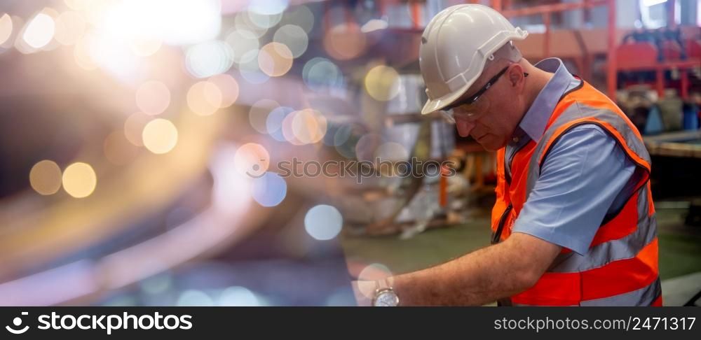 Professional worker pressing buttons on machine control board, technician operating machinist pressing emergency stop button on control panel in factory