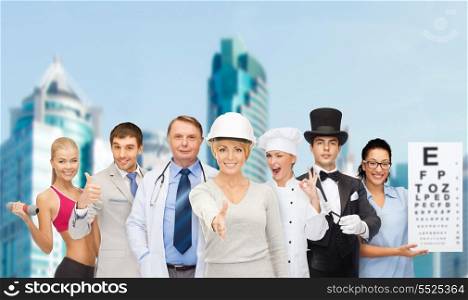 professions and people concept - group of people including businessman, cook, doctor, architect, nurse, magician and personal trainer