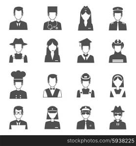 Professions black avatar set with pilot fireman operator isolated vector illustration. Profession Avatar Set