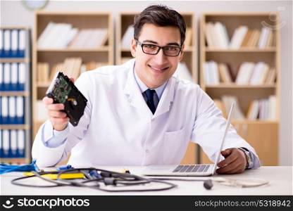 Proffesional repairman repairing broken hard drive