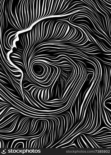 Profile face integrated in black and white woodcut pattern. On subject of the mind, consciousness, reason and human drama. Black and White Poetry series.