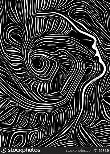 Profile face integrated in black and white woodcut pattern. On subject of the mind, consciousness, reason and human drama. Black and White Poetry series.