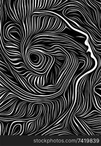 Profile face integrated in black and white woodcut pattern. On subject of the mind, consciousness, reason and human drama. Black and White Poetry series.