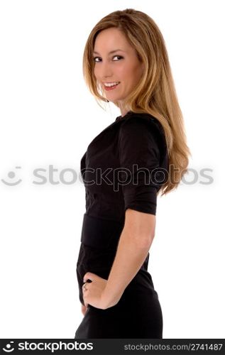 Profile of a beautiful young blond woman with one hand on her hip. She is wearing a tight, short, black dress. Studio shot, isolated on a white background.