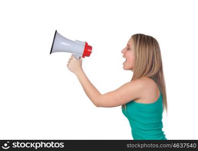 Profile of a blond girl with a megaphone isolated on a over white background