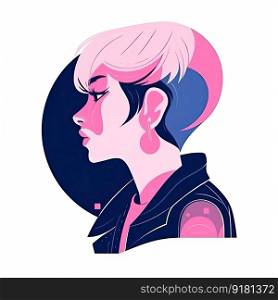 Profile of a modern hipster, punk girl with a color hairstyle. Illustration. Generative AI.