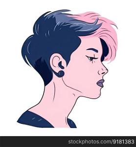 Profile of a modern hipster, punk girl with a color hairstyle. Illustration. Generative AI.