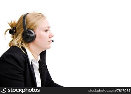 Profile of a professional receptionist with a headset and microphone, answering clients&rsquo; calls
