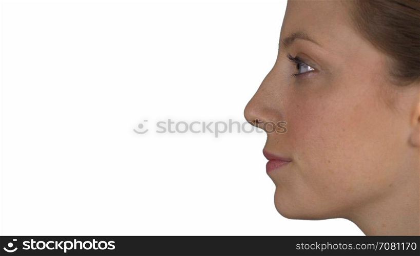 Profile of a smiling natural female (White Background)