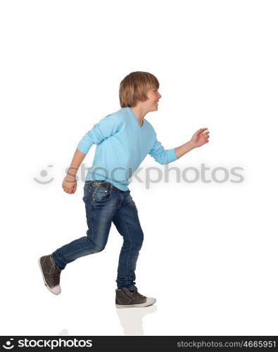 Profile of adorable preteen boy walking isolated on a over white background