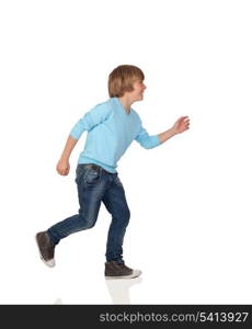 Profile of adorable preteen boy walking isolated on a over white background