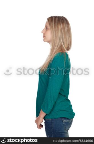 Profile of attractive woman with blond hair isolated on white background