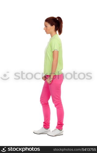 Profile of casual girl with pink jeans isolated on white background