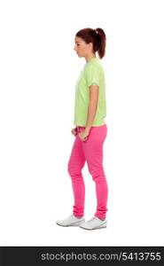 Profile of casual girl with pink jeans isolated on white background