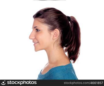 Profile of casual young girl smiling isolated on a white background