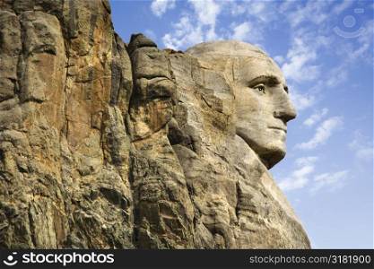 Profile of George Washington carving at Mount Rushmore National Monument, South Dakota.