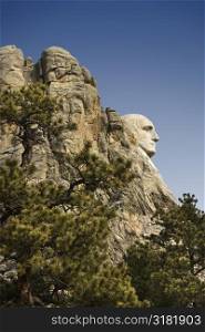 Profile of George Washington carving in mountain at Mount Rushmore, South Dakota.