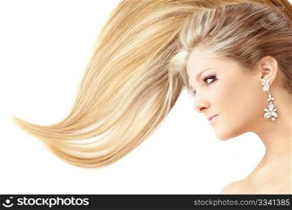 Profile of lying beauty with the smart hair, isolated