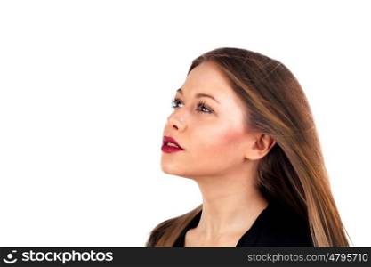Profile of stylish girl with long blonde hair and red lips isolated on white background