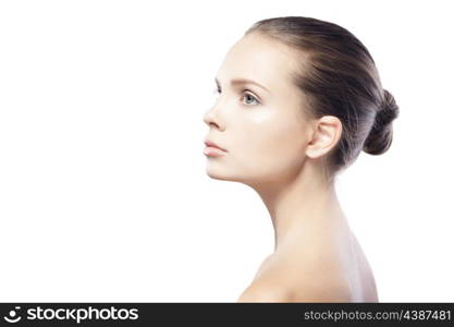 profile portrait of beautiful young woman with clean skin isolated on white background&#xA;