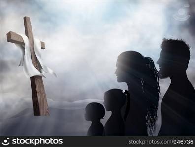 Profile silhouette with crucifix on a dark background. Family looking at the cross. Christian people. Prayer of believers. Sacrifice to the cross. Lord worship