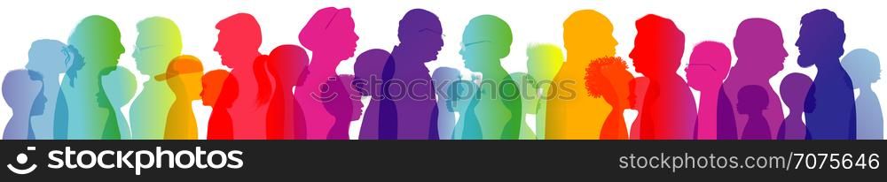 Profile silhouette with rainbow colors with group of grandparents and grandchildren. Dialogue or conversation between old people and children. Multiple exposure