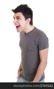 profile view of a very angry man screaming isolated on white background