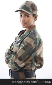 Profile view of female soldier against white background