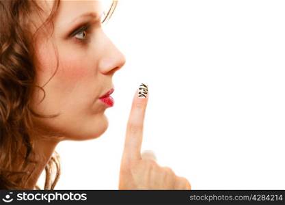 profile woman with silence hush sign gesture saying hush be quiet copy space isolated on white background