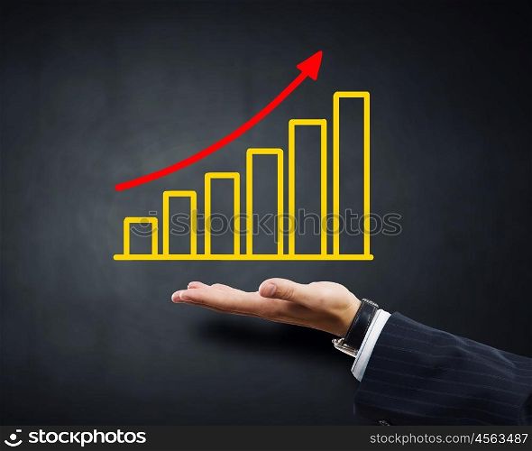 Profit chart. Human hand presenting on palm growing income chart