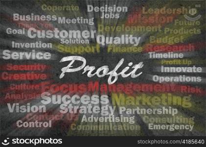 Profit word with business related words on retro background