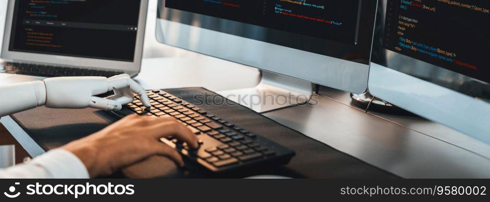 Program coding automation by generative artificial intelligence or AI concept. Collaboration between robotic hand and human software developer solving, debugging or writing script.Trailblazing. Collaboration between robotic hand and human software developer. Trailblazing