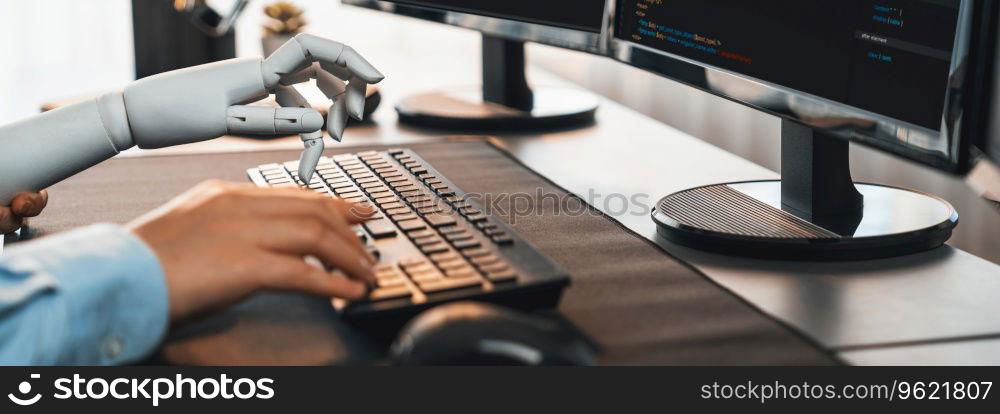Program coding automation by generative artificial intelligence or AI concept. Collaboration between robotic hand and human software developer solving, debugging or writing script.Trailblazing. Collaboration between robotic hand and human software developer. Trailblazing