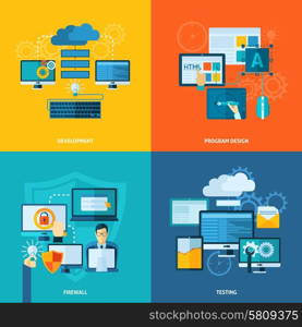 Program development design concept set with firewall and testing flat icons isolated vector illustration. Program Development Flat Set