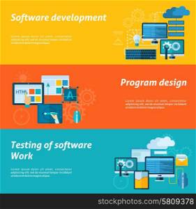 Program development horizontal banner set with software testing flat elements isolated vector illustration. Program Development Banner Set