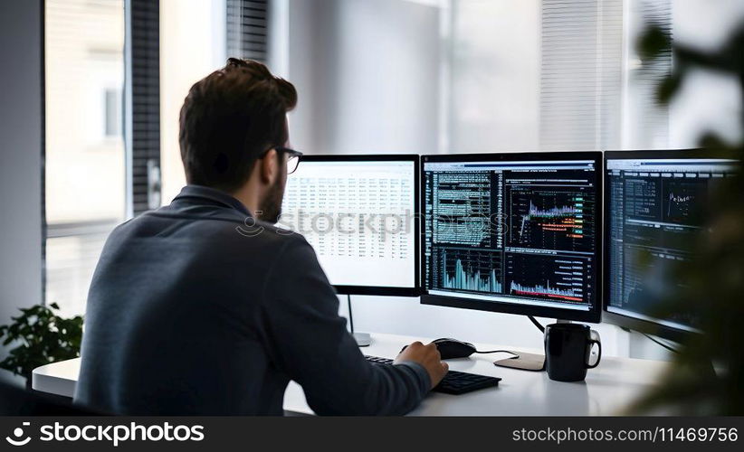 Programmer Analyzing Data on Multiple Computer Screens
