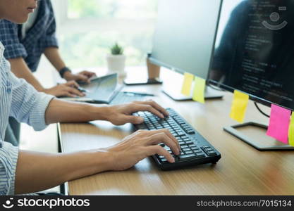 Programmer Outsource Developer Team coding technologies Website design. Mobile Application Software, Cyber space concept.