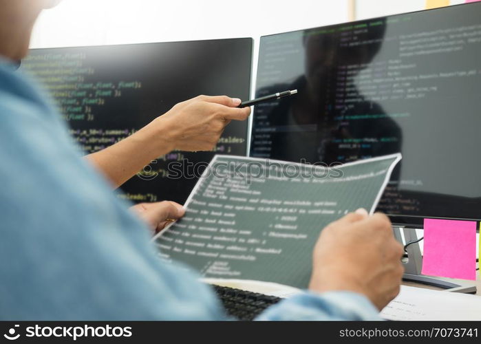 Programmer Outsource Developer Team coding technologies Website design. Mobile Application Software, Cyber space concept.